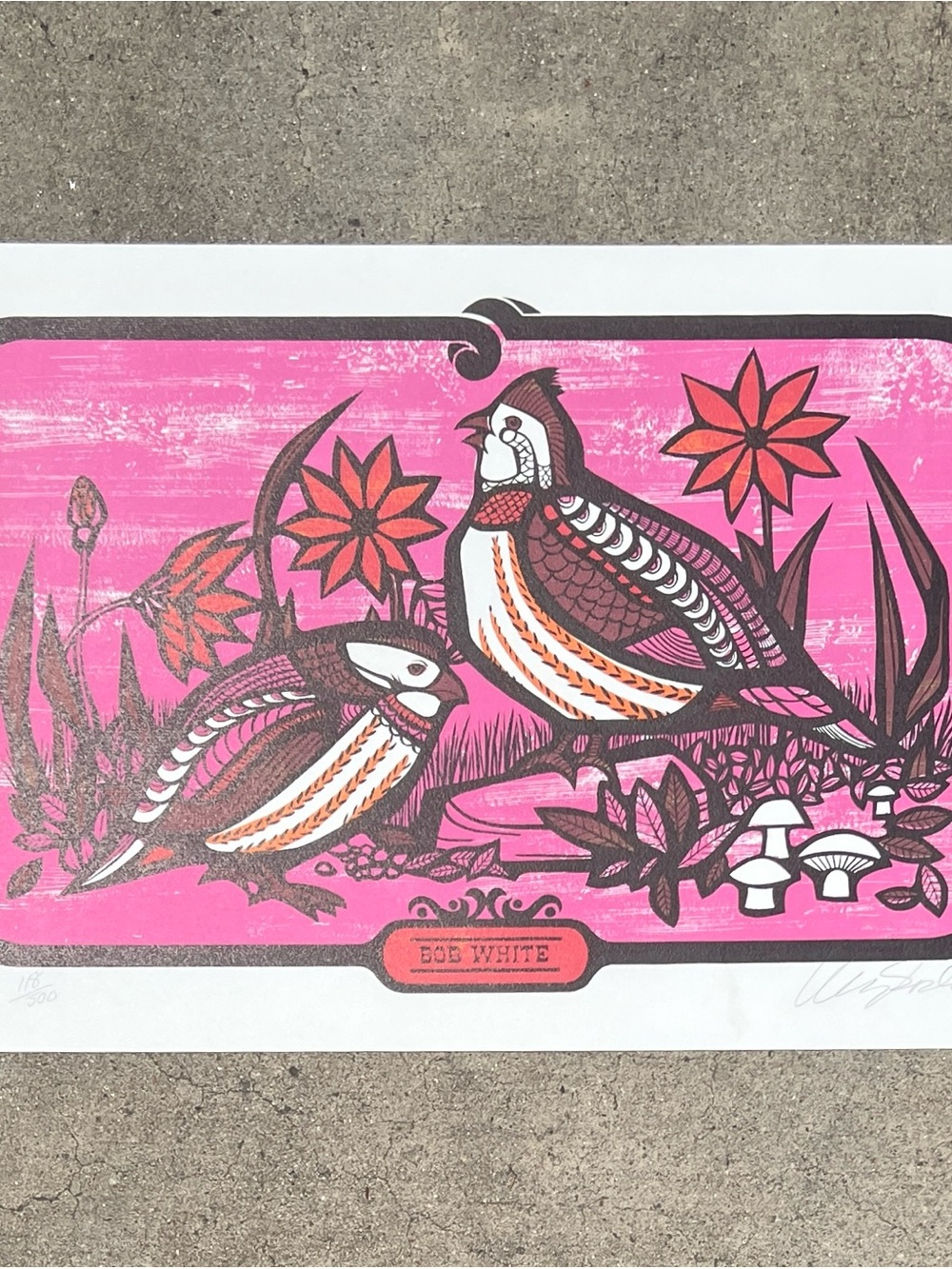 Signed Limited Edition Bobwhite Quail Print Pink Folk Art Bird Artwork 118/500